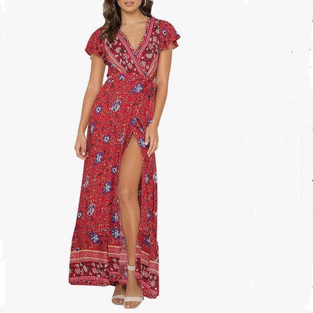 Summer Boho Maxi Dress, Red Floral Print. Flutter Sleeves, V-neck, Wrap Style. M